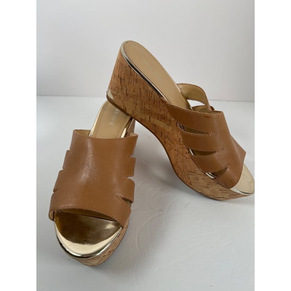 Nine West Womens Size 8m Shoes Tan Victoria‎ Leather Chunky Platform Cork Wedge
